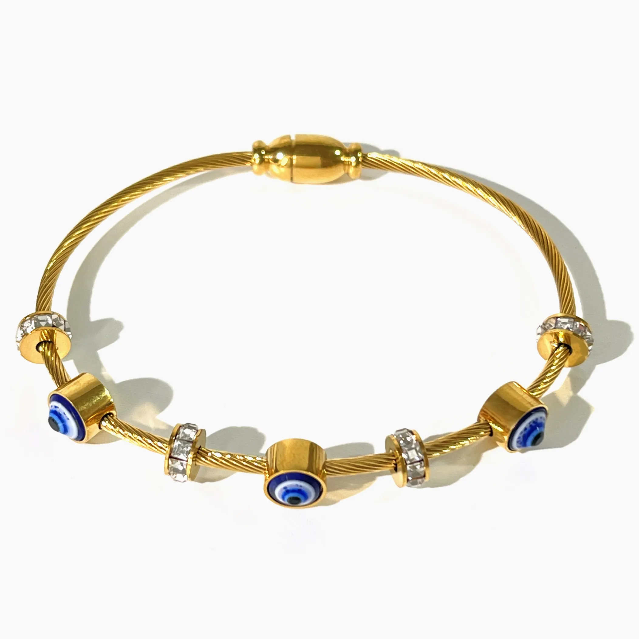 Bracelet en corde torsadée plaqué or Pvd en acier inoxydable avec perles de cristal et breloques de mauvais œil bijoux de bracelet sans ternissement