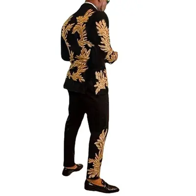 2021 New Season Black Casual straight hem Party Men's Suit Jacket with gold pattern A bespoke men's suit