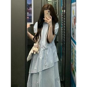 French Style Blue Dress For Women Crew Neck Natural Waist Splicing Breathable Daily Casual Long Dress - Product Image 2