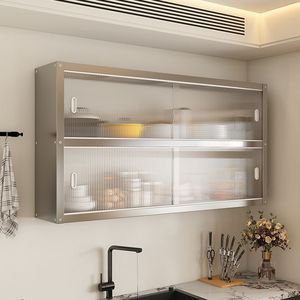 Estante de Almacenamiento de Cocina de Fabricante, Doble, de Acero Inoxidable, Montado en la Pared, Armario Colgante de Pared, Almacenamiento Suspendido de Pared, Puerta Corredera - Product Image 1