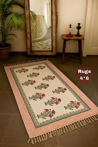 Floral <b>Block</b> Print Cotton Rug 4x6 Handmade Carpet with Tassels Boho Floor Mat Bedroom Living Room Decor - Product Image 2