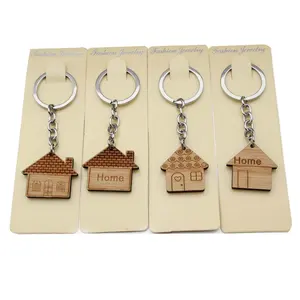 Chất Lượng Cao Bán Buôn Bằng Gỗ Mặt Dây Chuyền Phụ Kiện 2d 3d Tùy Chỉnh Home Shape Thăng Hoa Gỗ Keychain Với Bìa Trở Lại Thẻ