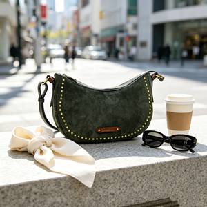 Retro Crescent <b>Shoulder</b> <b>Bag</b>, Dark Green Rivet Decor Zipper Purse Adjustable <b>Strap</b> Casual Daily Crossbody <b>Bag</b> - Product Image 6