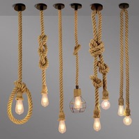 Lustre suspendu vintage en corde de chanvre réglable en hauteur, style industriel rustique en fer, avec nœuds, pour bar, café, restaurant, hôtel