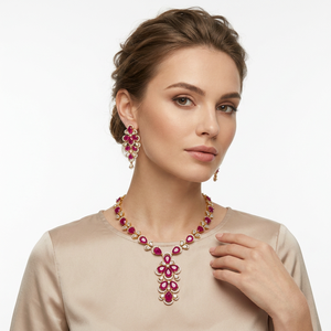 Luxury Brass <b>Ruby</b> Choker <b>Necklace</b> Set Gold Plated Indian Bridal Cubic Zirconia Drop Earrings Wedding Jewelry For Women - Product Image 4