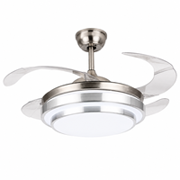 Kipas Angin Plafon LED DC Motor Retractable Modern 42 Inch dengan Lampu, Baling-Baling Transparan, Finishing Nikel Brushed untuk Villa, Ruang Tamu, Kamar Tidur