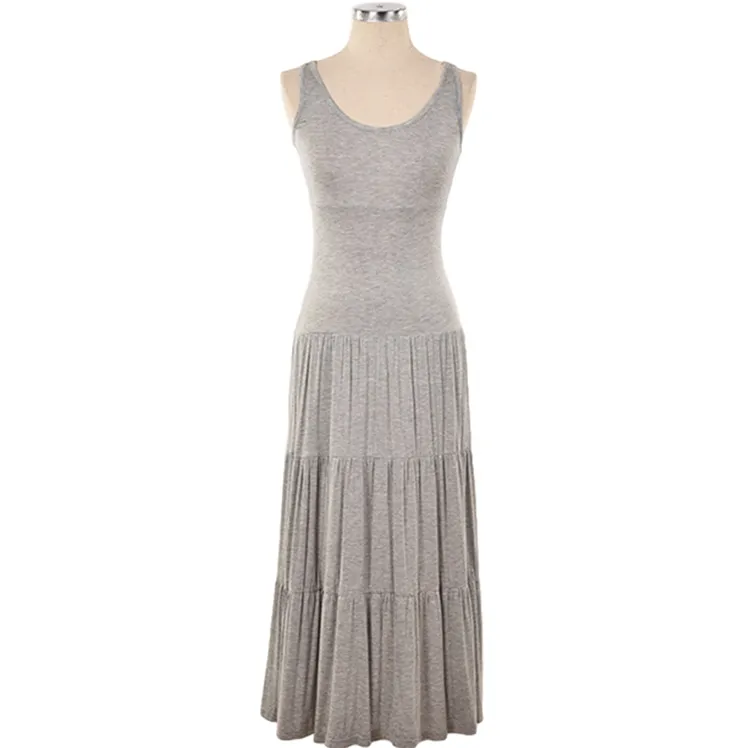 Casual style round neck gray viscose elastane maxi women long summer dress
