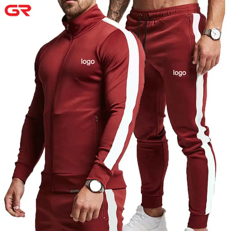 Özel etiket Colorblock iki parçalı spor eşofman takımı özel Logo Slim Fit uzun kollu erkek gömlek eşofman