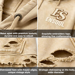 Hoodie vintage personnalisé à manches courtes, effet vieilli, avec logo brodé et imprimé, ourlet effiloché, 100% coton 280g, unisexe, streetwear décontracté, fini enzymatique - Product Image 2