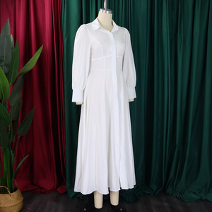 Abito Elegante da Donna Taglie Forti con Colletto a Camicia, Vita Alta, Vestibilità Aderente, Maniche Larghe e Tinta Unita, Stile Raffinato - Product Image 6