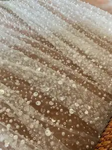 French Sequined Lace Fabric By The Yard Heavy Beaded Tulle For Bridal Dresses