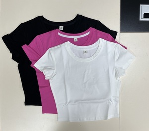 Crop Tops <span class=keywords><strong>Femme</strong></span> <span class=keywords><strong>Taille</strong></span> XS Col Rond Manches Courtes Extensible Ajusté Coton Uni T-shirts Court <span class=keywords><strong>Femme</strong></span> - Product Image 6