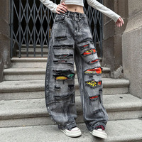 Pantalon ample à rivets flocon de neige noir et gris de haute qualité - Jean large déchiré style punk américain robuste pour hommes et femmes