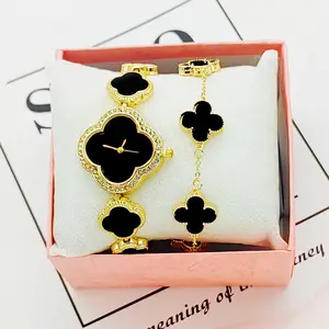 Conjunto de reloj de marca de lujo para mujer, conjunto de pulsera de reloj chapado en oro para mujer