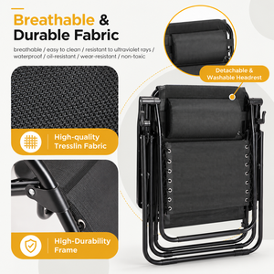 Juego de 2 Sillas de Gravedad Cero, Plegables y Reclinables para Exteriores, con Almohada y Portavasos, para Piscina o Playa, Color Negro - Product Image 5