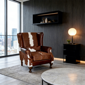 Vintage Brown Genuine Leather Midcentury Modern Dining Living Room <strong>Wing</strong> <strong>Back</strong> Accent <strong>Chair</strong> with Solid Hardwood Frame - Product Image 3