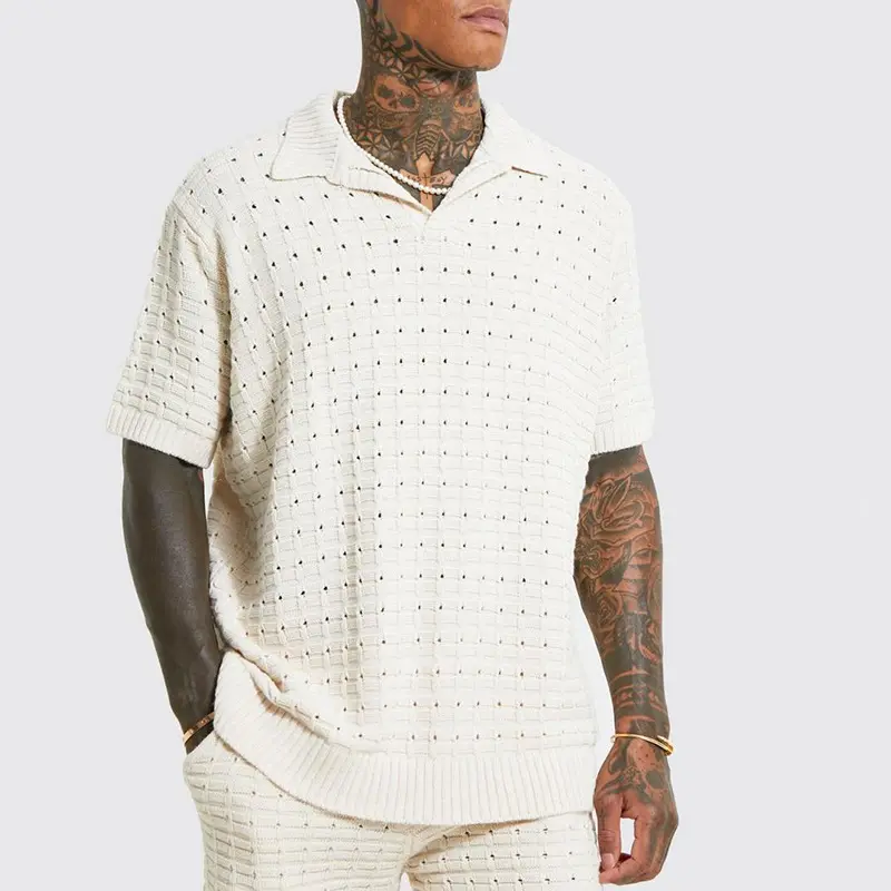 Pull POLO élastique et ample de haute qualité pour hommes élégants T-shirt décontracté à col en V à manches courtes tricoté pour hommes