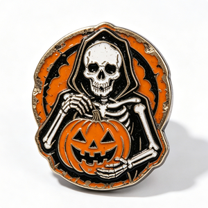Halloween Skeleton Holding Pumpkin Hard Enamel Metal <b>Pin</b> Gold Plated Irregular Shape Folk Art Collectible - Product Image 6