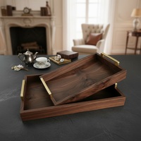 Ensemble de plateaux de service rectangulaires en bois personnalisés avec poignées métalliques pour les en-cas, le petit-déjeuner, le café, les fruits secs