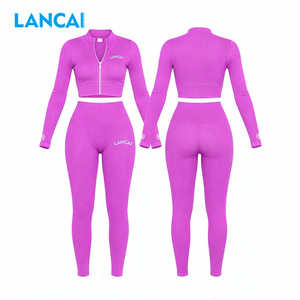 Lancai Wholesale Women's Seamless Yoga <b>Set</b> Quick Dry Fitness Zipper Jacket High Elastic Gym Leggings 2 Piece Sportswear - Product Image 2