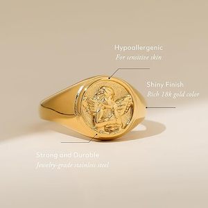 Anelli in Acciaio Inossidabile Placcato Oro 18k Impermeabili, Anello Chunky Impilabile per Donna e Uomo, Anello Cherubino Angelo Custode - Product Image 4
