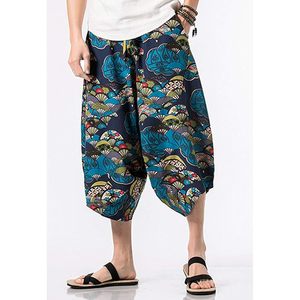 FOXA Mens Elastic Waist Pattern Printed Capri Pants Linen Cotton Breathable Wide Leg <b>Shorts</b> for Casual Wear - Product Image 2