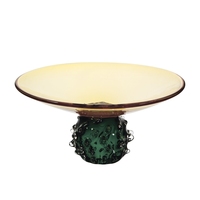Bandeja de Vidrio Artístico Soplado a Mano, Transparente con Toque Ámbar, con Base de Pedestal Verde Texturizado, Plato para Frutas, para Servir en Mesa de Centro