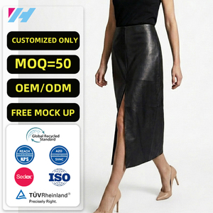 <span class=keywords><strong>Jupe</strong></span> crayon midi en <span class=keywords><strong>cuir</strong></span> pour femme, taille haute, fente avant, noire, élégante, sur mesure - Product Image 1
