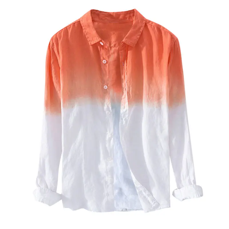 RNSHANGER-Chemise à manches longues pour homme, chemise à manches longues orange, en coton et lin, respirante, pour l'automne et le printemps