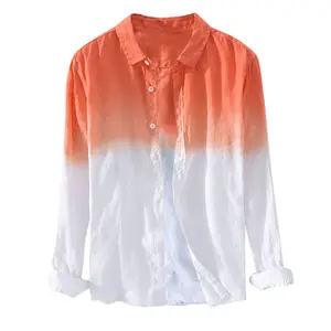 RNSHANGER Energy Orange Gradient Long Sleeve Shirt Men's Blouse Autumn Spring Breathable Cotton Linen Shirt Lapel Loose Shirts