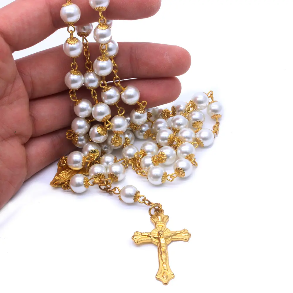 8mm prayer beads cross pendant rosary necklace religion Christian jewelry pearl rosary necklace wholesale (KNK5260)
