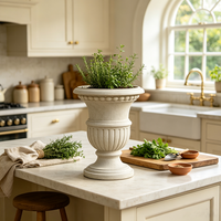 Urne de jardin verticale cannelée style romain, pot de fleurs trophée en résine blanc crème texturée, fait main et peint à la main, style vintage