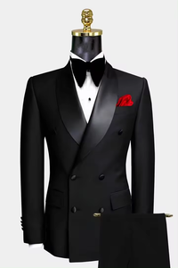 Ensemble <span class=keywords><strong>Homme</strong></span> Double Boutonnage Revers Satin Noir pour Mariages, Garçons d'Honneur, Danses et Dîners, <span class=keywords><strong>Veste</strong></span> et Pantalon du Marié - Product Image 2
