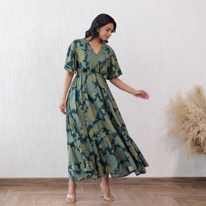 Robe midi en mousseline à imprimé floral, col en V, manches volantées, coupe trapèze ample, style bohème décontracté pour femme, pièce élégante pour l'été - Product Image 1