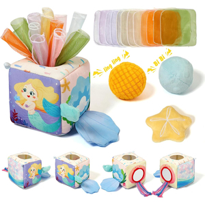 Jouets sensoriels Montessori en forme de <span class=keywords><strong>cube</strong></span> avec 3 balles texturées et 12 foulards soyeux, boîte à mouchoirs en tissu doux, jouet boîte à mouchoirs pour bébé - Product Image 1