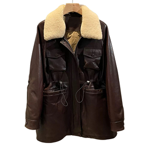 Weshallo Manteau d'hiver en cuir de mouton véritable chaud pour femmes Veste <span class=keywords><strong>mi</strong></span>-<span class=keywords><strong>longue</strong></span> en cuir de duvet d'oie avec col en fourrure de laine - Product Image 1