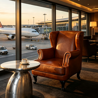 Fauteuil Rétro Vintage Marron en Cuir Véritable Capitonnée, Fauteuil Simple à Dossier Haut et Ailes pour Hôtel, Salon, Salle VIP d'Aéroport