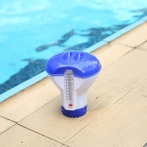 Distributeur de produits chimiques flottant bleu pour piscine avec thermomètre, flotteur pour comprimés de chlore, support ABS pour piscines, spas et bains à remous - Product Image 2