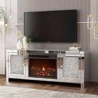 Meuble TV en verre argenté avec miroir, rangement, foyer électronique simulé, lumière créative, luxe, style nordique moderne, décoratif pour salon