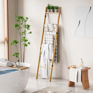 BAMBOOHOMIE Usine 6 Niveaux Bambou Bois <span class=keywords><strong>Serviette</strong></span> Couverture Porte-<span class=keywords><strong>Échelle</strong></span> pour Salle De Bains Salon Mur Penché Bambou Porte-Serviettes - Product Image 6