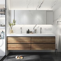 Meuble-lavabo flottant moderne et durable Balom avec miroir LED intelligent, plateau en pierre frittée effet marbre, bois écologique