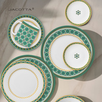 Service de table en céramique à motifs vert et or élégant - Idéal pour les dîners et les mariages