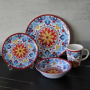 OEM ODM Custom Designer Homeware Colourful Japanese Sunflower Series Round Plastic Melamine Dinner plate tableware Set 4 PIeces