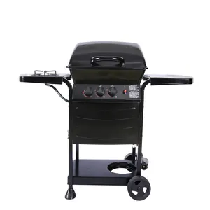 Commercial Outdoor BBQ Gas Grill 3 Burner Square Iron Easy-to-Clean with Powder Coating Trolley