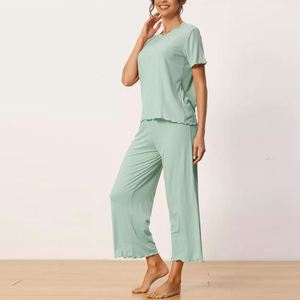 Ensemble de vêtements d'intérieur pour femme, T-shirt et pantalon, été, léger, manches courtes, pantalon long taille haute, pantalon ample à jambes larges, ensemble pyjama amincissant - Product Image 2