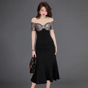 ZYHT 10119 Wholesale Fishtail Sequin Patchwork Black Glitter Short Sleeve Midi Dresses for Women