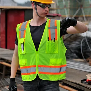 2023 Popular Safety Multi Pocket Security Vest 2 Tone Reflective Tape Yellow Mesh Reflector Personal Protective Vest