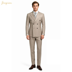 Completo da Uomo Doppiopetto in Lana Acetata Elasticizzata Satinata 185g, Beige Sabbia, con Revers a Punta, 2 Pezzi, per Feste Formali e Business - Vendita all'Ingrosso - Product Image 2