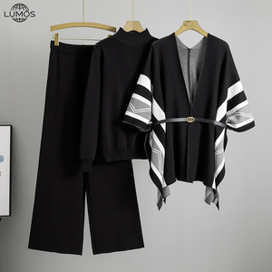 Conjunto <span class=keywords><strong>de</strong></span> 3 Piezas <span class=keywords><strong>de</strong></span> Punto para <span class=keywords><strong>Mujer</strong></span>, Estilo Retro Otoño Invierno, Chal, Top <span class=keywords><strong>de</strong></span> Manga Larga con Cuello Alto, Pantalones Anchos, Talla Grande - Product Image 3