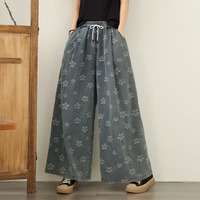 Pantalones Palazzo Vaqueros Florales Grabados de Verano 2026 al por Mayor, de Cintura Alta con Cordón Elástico y Fruncido, Lavado Medio, Tallas Grandes para Mujer